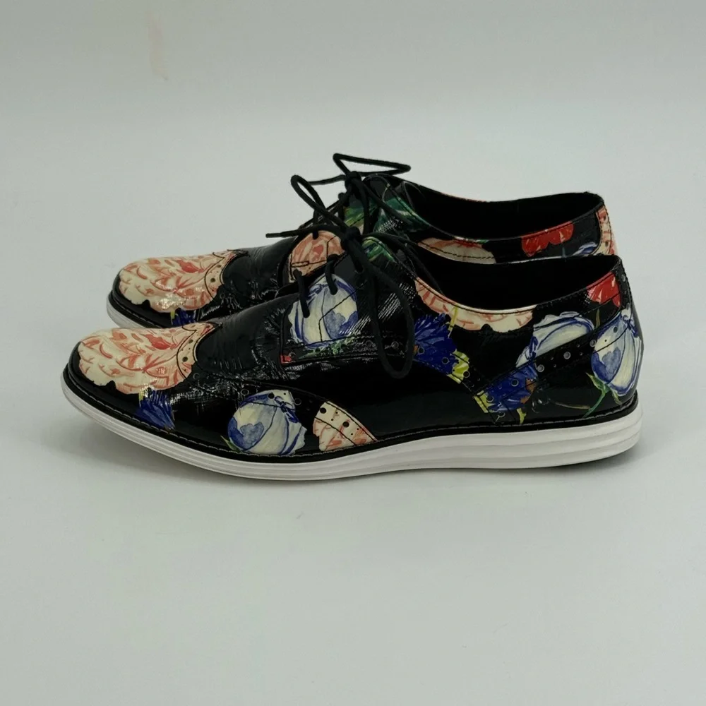Cole Haan Grand.OS Wingtip Oxford Floral Patent Leather Lace-Up Brogue Shoes